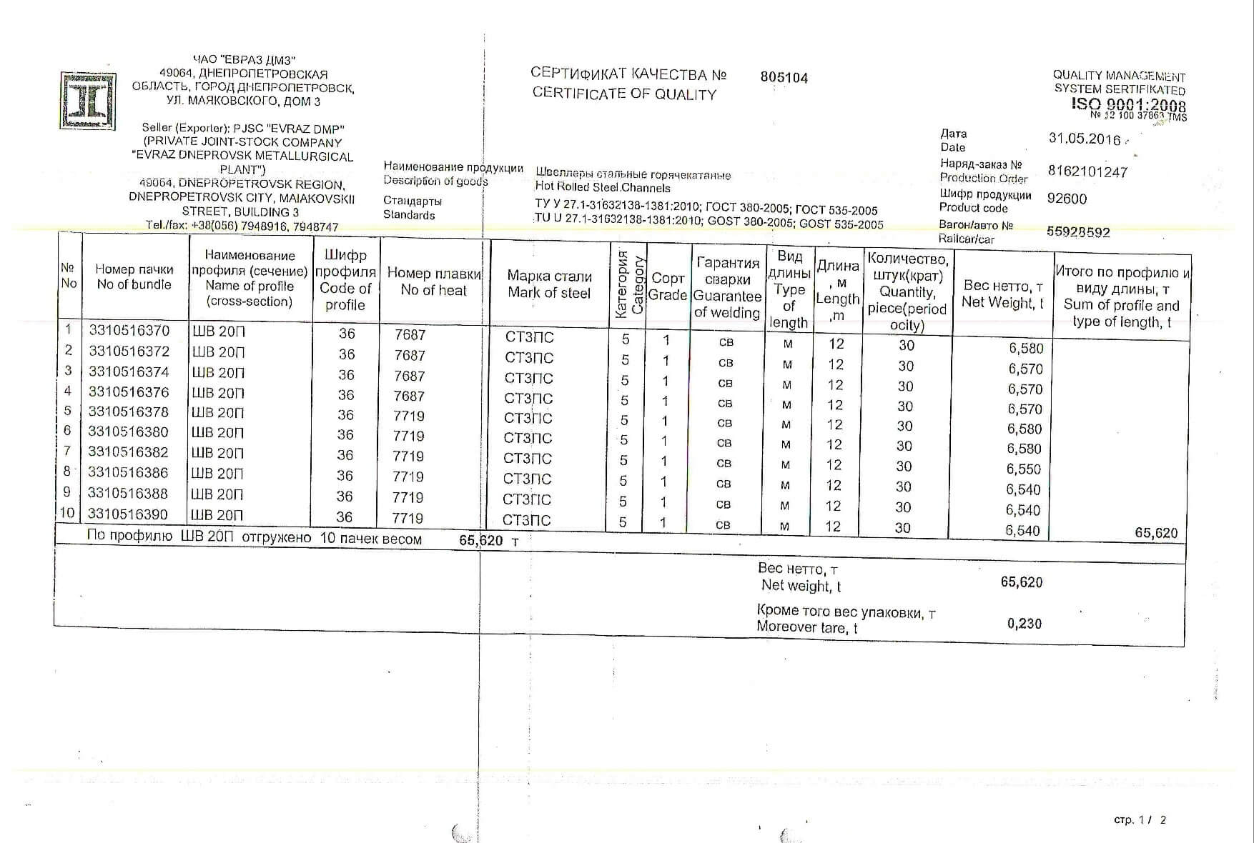 Наши сертификаты на швеллер п | Металлгорсталь